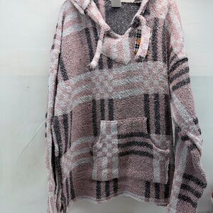 San Jose’ XXL women’s Plaid Hooded poncho / Baja Sweater in Pink and Gray